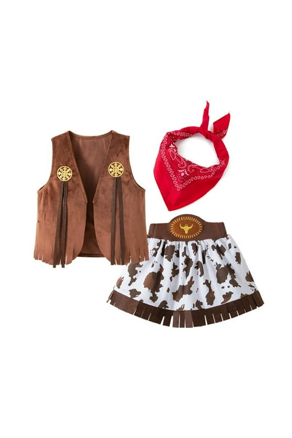 Big Girls Cowboy Dress Up Performance Outfits Vest Skirt Bandana 3Pcs Set, Brown