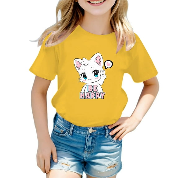 WOYY Big Girls Cute Graphic Tee Cartoon Cat Print Cotton Short Sleeve T-Shirt, Sizes 3-12