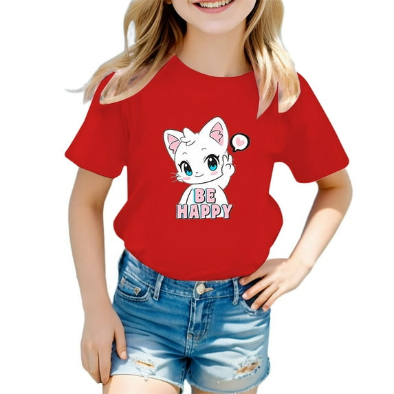 WOYY Big Girls Cute Graphic Tee Cartoon Cat Print Cotton Short Sleeve T-Shirt, Sizes 3-12