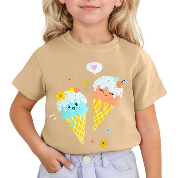 WOYY Big Girls T-Shirt Ice-Cream Print Cute Short Sleeve T Shirt, Khaki