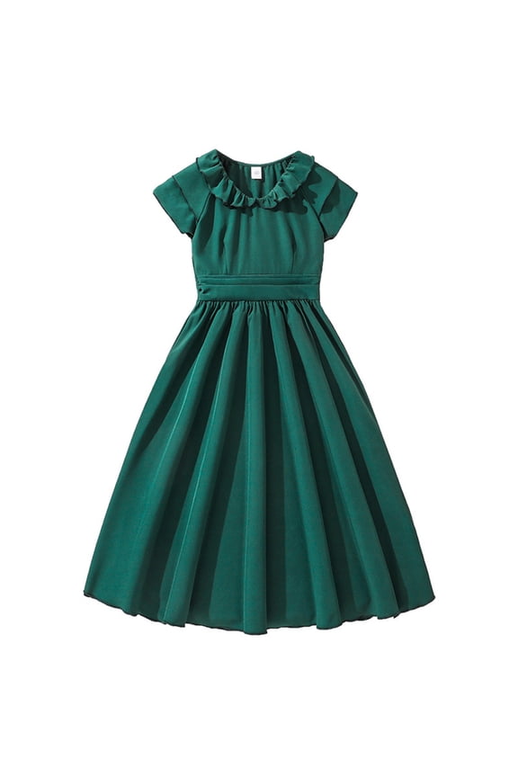 Big Girls Dress Ruffle Short Sleeve Dress Solid Casual Dresses, Sizes 8-9Y