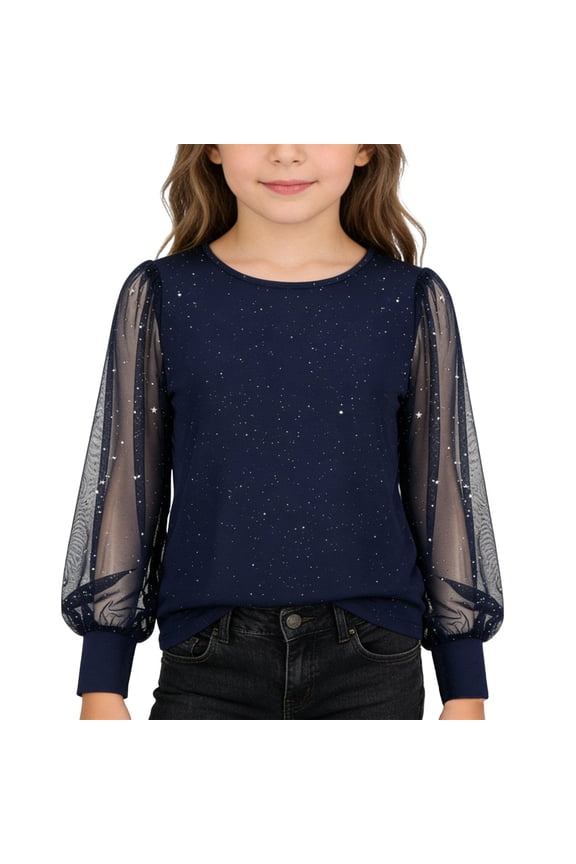 Big Girls Dressy Shirt Sequin Mesh Long Sleeve Crewneck Glitter Blouse, Sizes 11-12