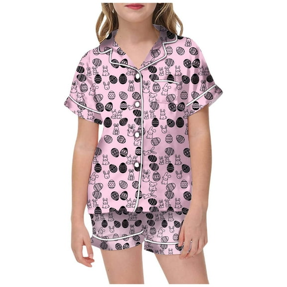WOYY Big Girls Easter Pajamas Short Sleeved Button Sleepwear PJs Loungewear Outfits
