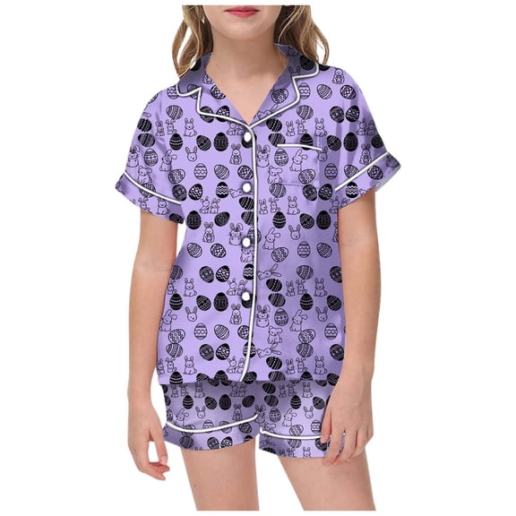 WOYY Big Girls Easter Pajamas Short Sleeved Button Sleepwear PJs Loungewear Outfits