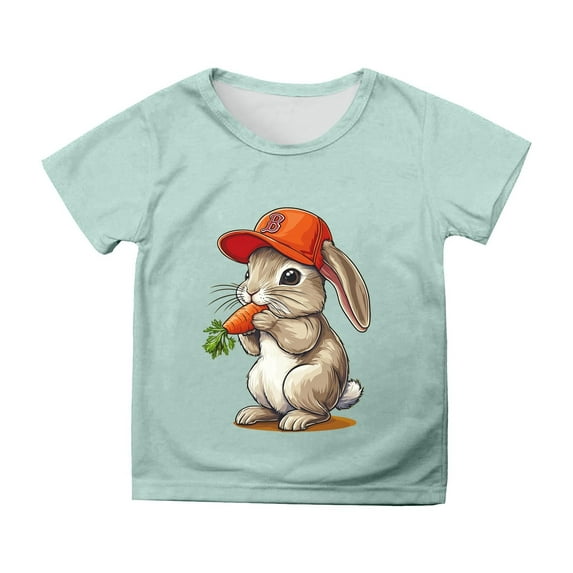 WOYY Big Girls Easter T-Shirt Cartoon Rabbit Printed Short Sleeve Round Neck Casual T Shirt