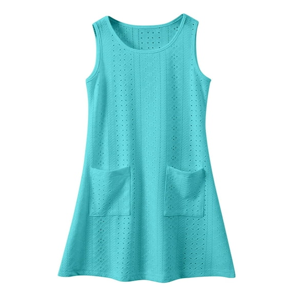 WOYY Big Girls Eyelet Sundress Solid Summer Casual Tank Dress with Pocket, Sizes 3-14