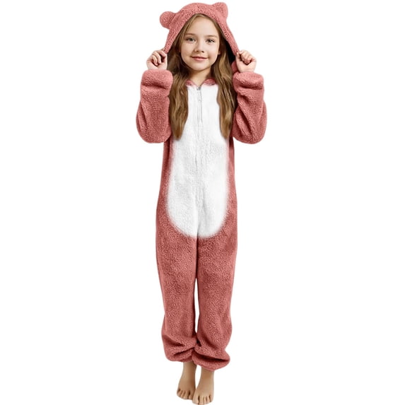 WOYY Big Girls Hooded Onesie Cute Soft Warm Zipper Jumpsuit Romper, Sizes 7-8