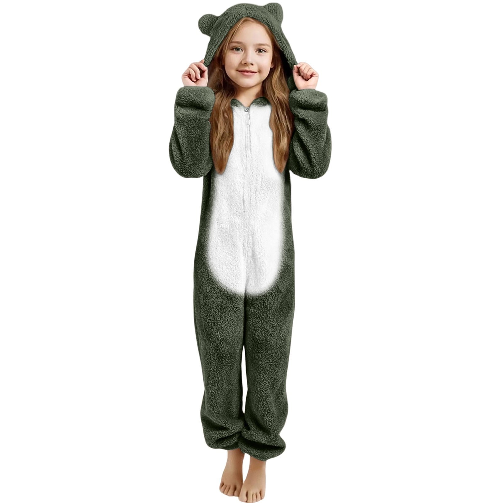 WOYY Big Girls Hooded Onesie Cute Soft Warm Zipper Jumpsuit Romper, Sizes 7-8