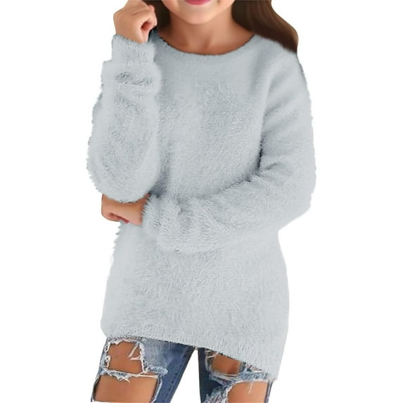 WOYY Big Girls Sweater Solid Fuzzy Crew Neck Pullover Knitwear Cozy Sweater