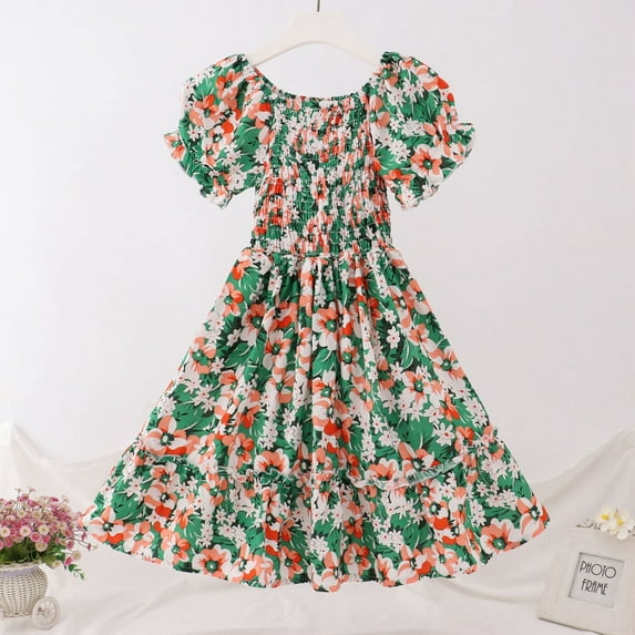 WOYY Big Girls Floral Tiered Dress Short Puff Sleeve Summer Beach Dress, Sizes 8-17
