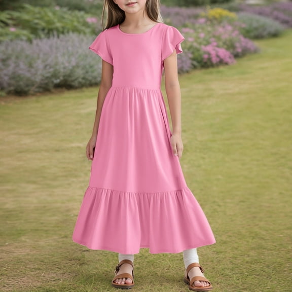 WOYY Big Girls Flutter Sleeve Tiered Dress Solid Color Casual Long Dress, Sizes 6-13