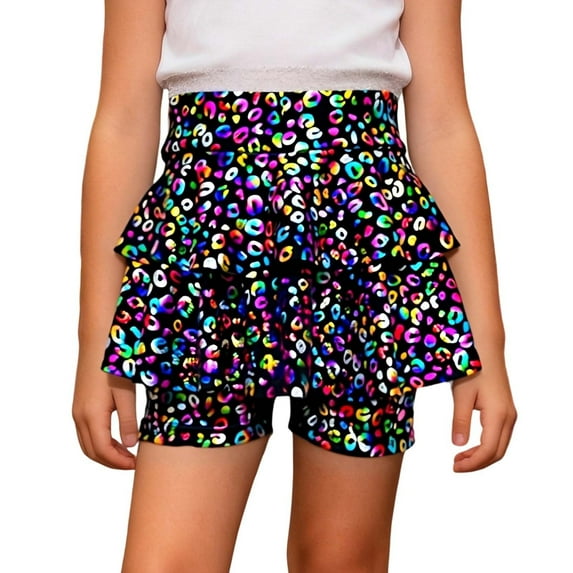 WOYY Big Girls Glitter Leopard Tiered Skort Shiny Sequin Skirt with Shorts, Sizes 9-10