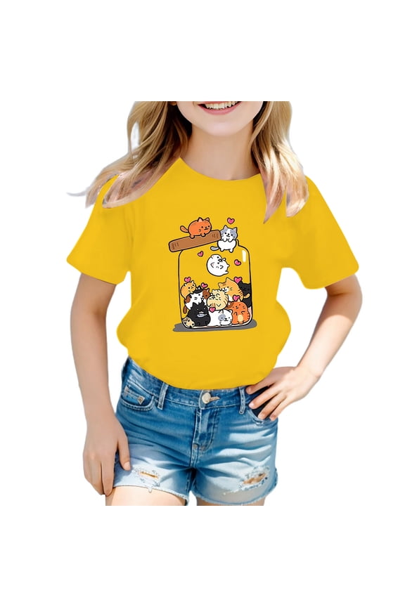 Big Girls Graphic T-Shirt Cute Cartoon Cat Print Short Sleeve T Shirt, Sizes 3-12