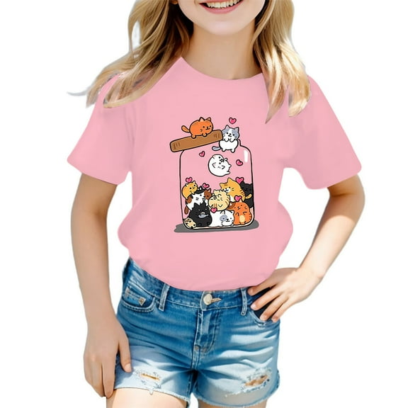 WOYY Big Girls Graphic T-Shirt Cute Cartoon Cat Print Short Sleeve T Shirt, Sizes 3-12