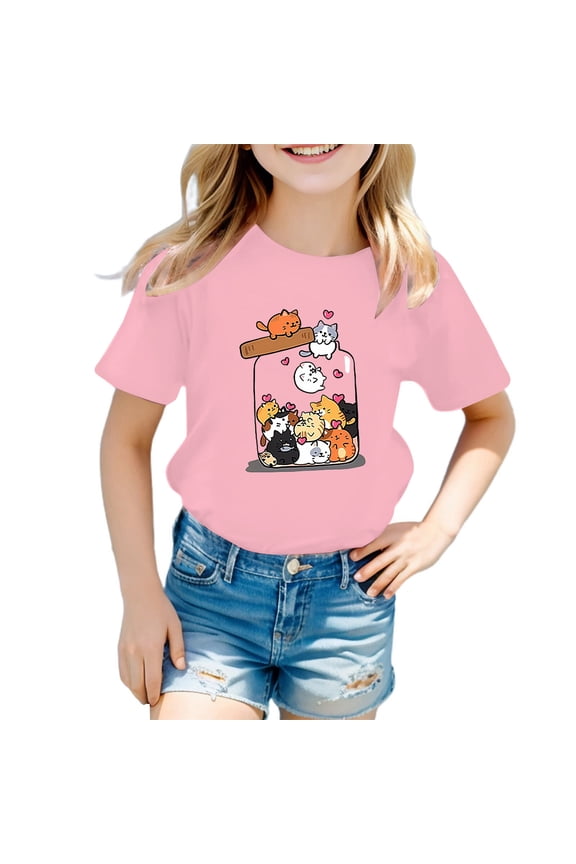 Big Girls Graphic T-Shirt Cute Cartoon Cat Print Short Sleeve T Shirt, Sizes 3-12