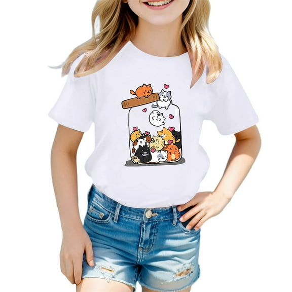WOYY Big Girls Graphic T-Shirt Cute Cartoon Cat Print Short Sleeve T Shirt, Sizes 3-12