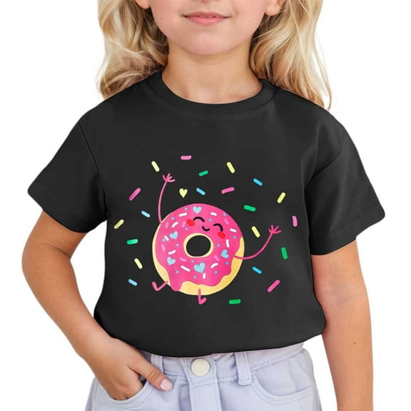 WOYY Big Girls Graphic T Shirt Doughnut Print Short Sleeve Cute T-Shirt, Sizes 3-13