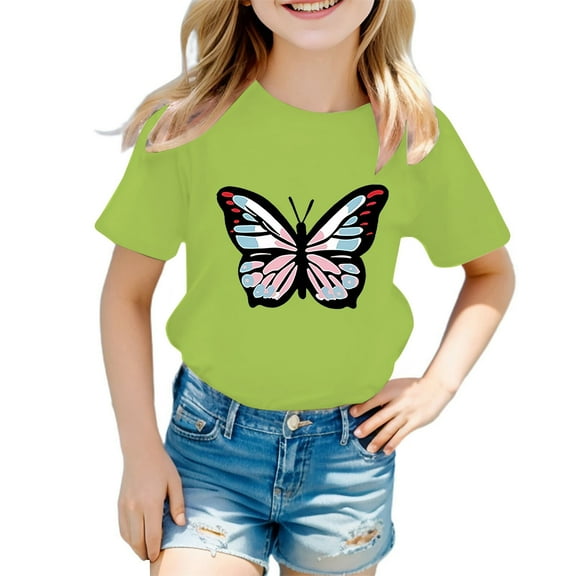 WOYY Big Girls Graphic Tee Butterfly Print Short Sleeve T-Shirt for Kids, Sizes 3-12