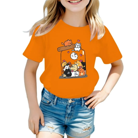 WOYY Big Girls Graphic Tee Cartoon Cat Print Short Sleeve T-Shirt Summer Casual Tshirt