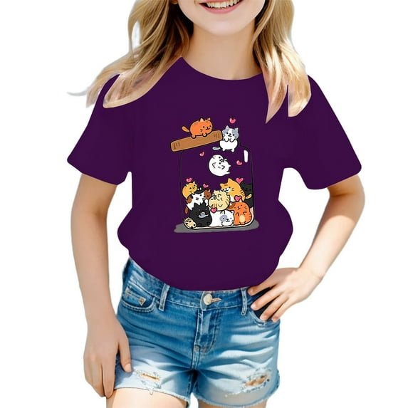 WOYY Big Girls Graphic Tee Cartoon Cat Print Short Sleeve T-Shirt Summer Casual Tshirt