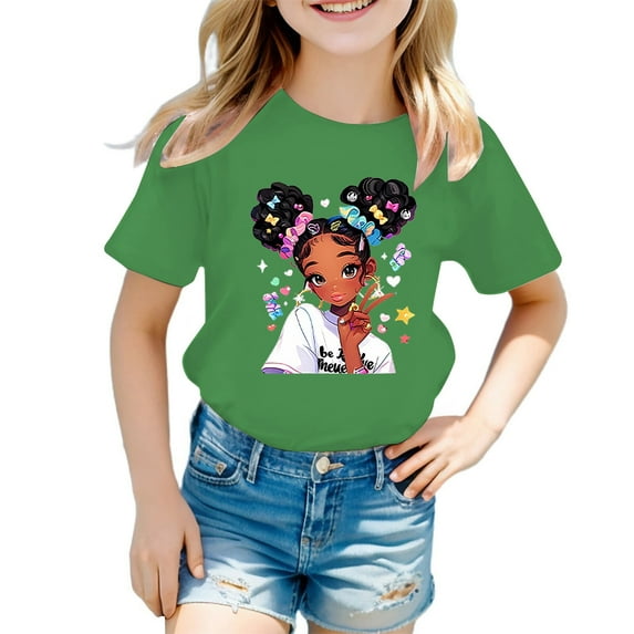 WOYY Big Girls Cartoon Print Short Sleeve T-Shirt Cotton Crew Neck T Shirt, Sizes 3-14