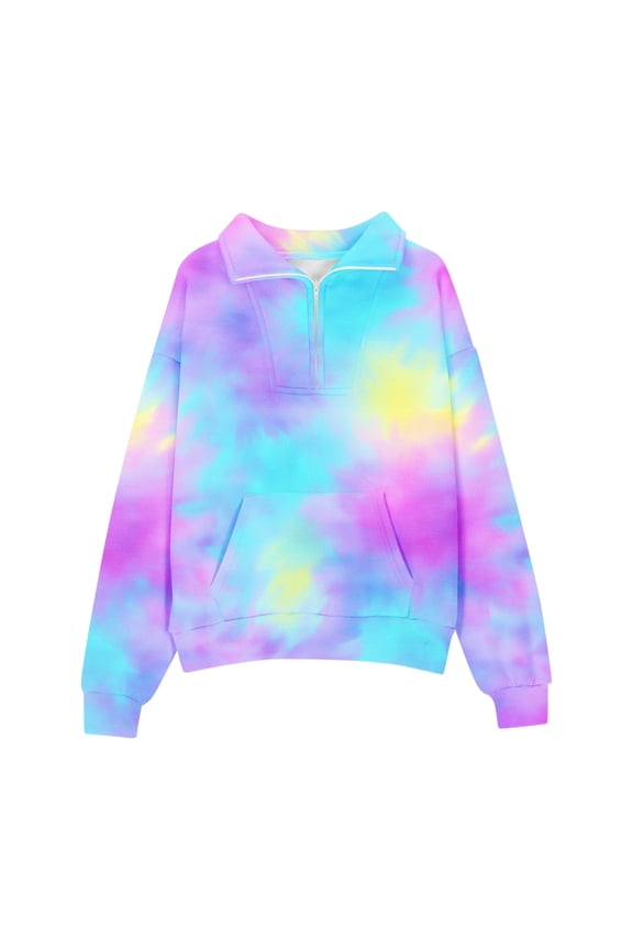 Big Girls Half Zip Tie Dyed Athletic Sweatshirt with Thumb Holes, Sizes 7-8