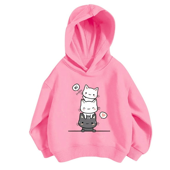 WOYY Big Girls Hoodie Cartoon Cat Print Cute Hooded Sweatshirt Pullover, Sizes 3-12