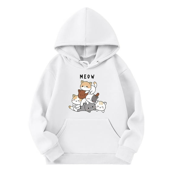 WOYY Big Girls Hoodie Cartoon Cat Print Hooded Sweatshirt Casual Pullover Hoodies