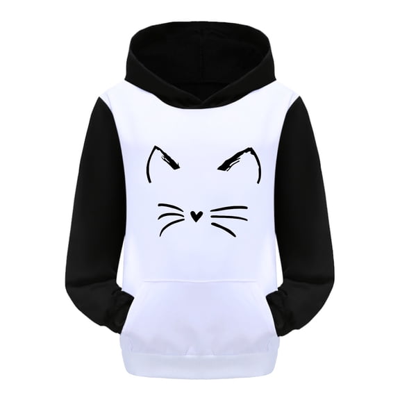 WOYY Big Girls Hoodie Color Block Cartoon Cat Graphic Hooded Sweatshirt for Kids