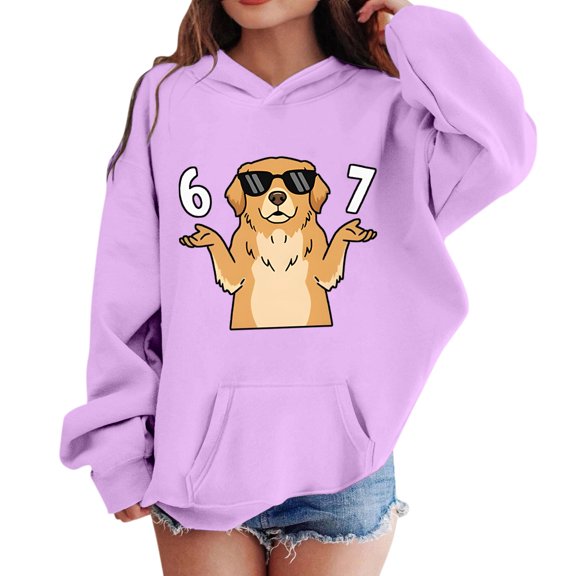 WOYY Big Girls Hoodie Cute Dog Print Hooded Sweatshirt Soft Cozy Pullover, Sizes 9-10