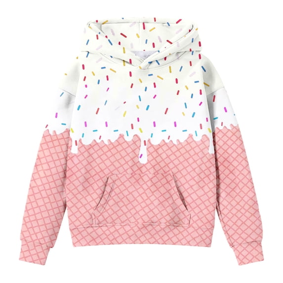 WOYY Big Girls Hoodie Ice-Cream Print Hooded Sweatshirt Long Sleeve Shirt, Sizes 9-10