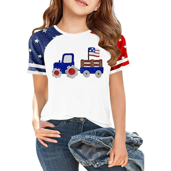 WOYY Big Girls Independence Day T-Shirt Americana Short Sleeve T Shirt, Sizes 3-13