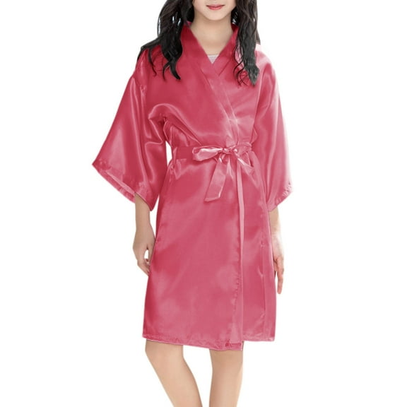 WOYY Big Girls Kimono Bathrobe Silk Satin Solid Color Sleepwear Robe Kids Loungewear