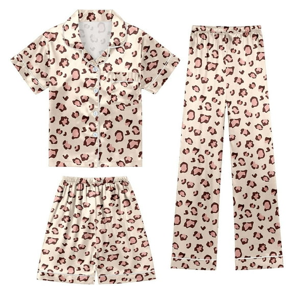 WOYY Big Girls Leopard Silk Satin Short Sleeve Top Shorts Pants Pajamas, 3 Piece, Sizes 10-11