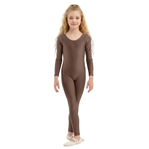 WOYY Big Girls Leotard Solid Long Sleeve Full Jumpsuit Stretchy Tight Romper, Sizes 7-9
