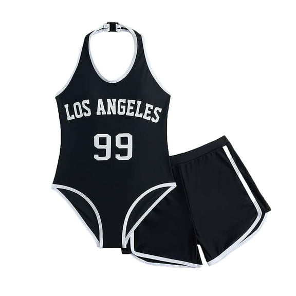 WOYY Big Girls Letter Print Halter One-Piece Swimsuit Boyshorts Swimwear Set, Sizes 7-12