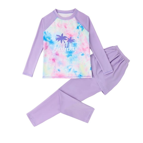 WOYY Big Girls Long Sleeve Rash Guard Swimsuit with Pants Quick Dry Swimwear with UPF50 ,2-Piece