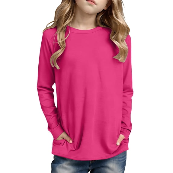 WOYY Big Girls Long Sleeve T-Shirt Solid Color Casual T Shirt Undershirt, Sizes 9-10