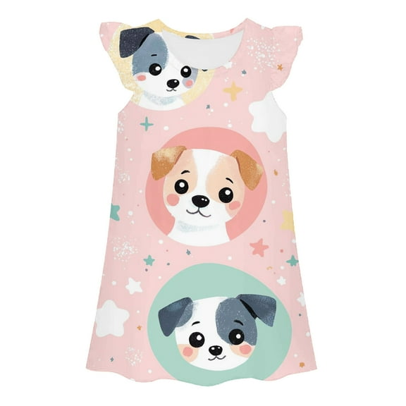 WOYY Big Girls Nightgown Cartoon Dog Print Ruffle Sleeveless Nightdress Sleepwear, Sizes 3-10