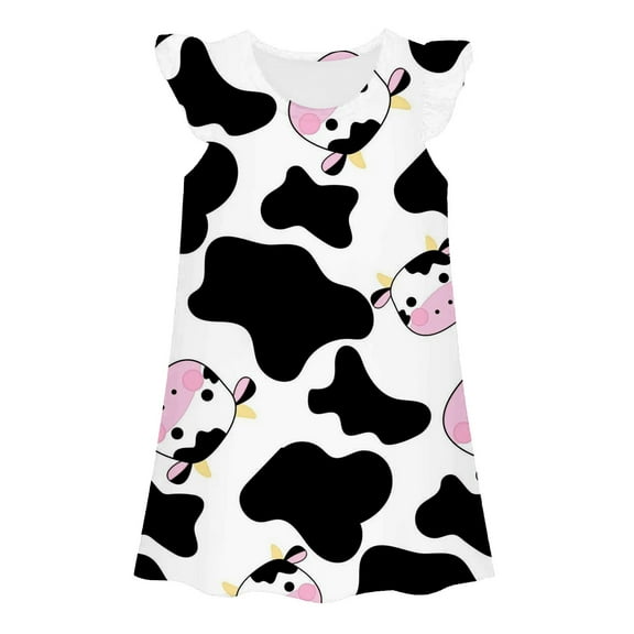WOYY Big Girls Nightgown Cute Cartoon Cow Print Sleeveless Nightdress, Sizes 3-10