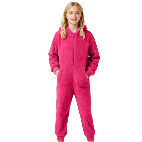 WOYY Big Girls Onesies Soft Hooded Jumpsuit Zipper One-Piece Pajama, Sizes 7-8