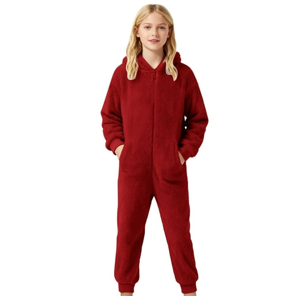 WOYY Big Girls Onesies Soft Hooded Jumpsuit Zipper One-Piece Pajama, Sizes 9-10