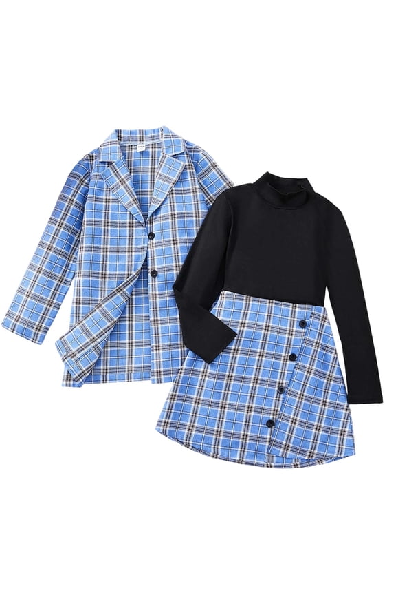 Big Girls Outfits 3Pcs Long Sleeve Top Plaid Skirt Long Jacket Set, Sizes 8-9