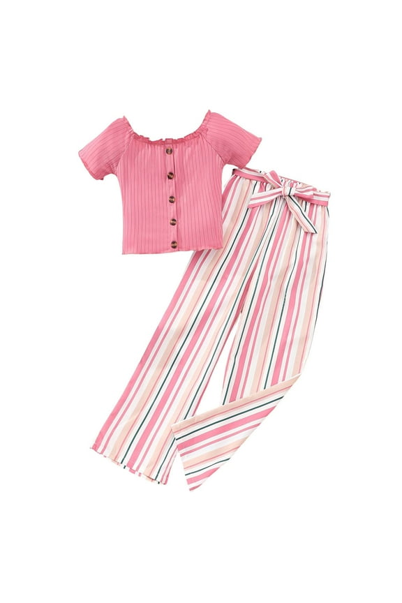 Big Girls Outfits Casual Cotton Short Sleeve Shirt Striped Pants Set, Sizes 7-8