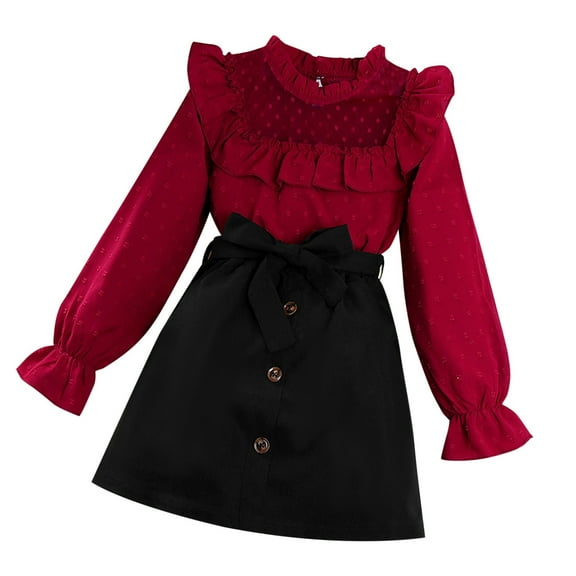 WOYY Big Girls Outfits Elegant Ruffle Long Sleeve Blouse Skirt Set, Sizes 9-10