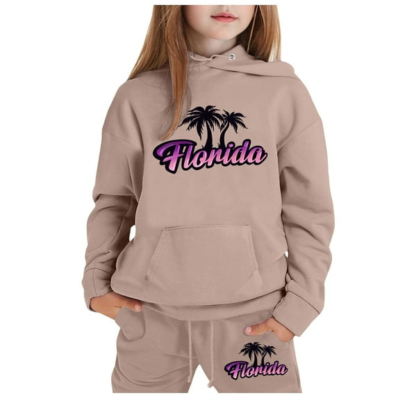 WOYY Big Girls Outfits Florida Printed Long Sleeve Hoodie and Sweatpants Sweatsuit
