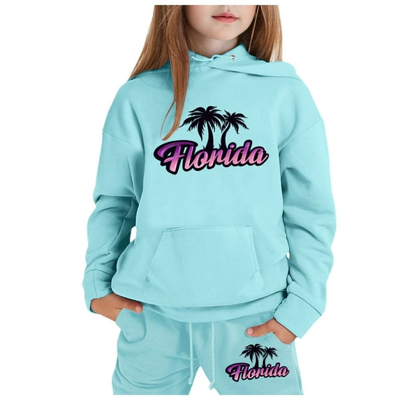 WOYY Big Girls Outfits Florida Printed Long Sleeve Hoodie and Sweatpants Sweatsuit