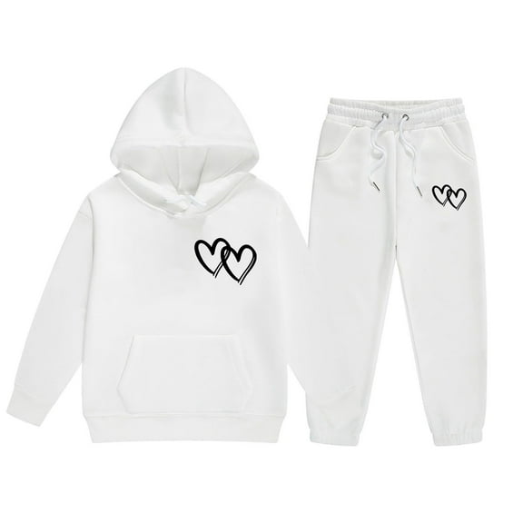WOYY Big Girls Outfits Heart Print Hoodie Sweatpants Casual Clothes Set, Sizes 10-11