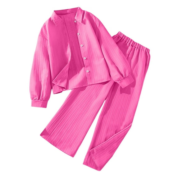 WOYY Big Girls Outfits Solid Long Sleeve Button Up Shirt Pants 2Pcs Set, Sizes 8-9