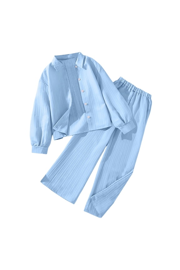 Big Girls Outfits Solid Long Sleeve Button Up Shirt Pants 2Pcs Set, Sizes 9-10